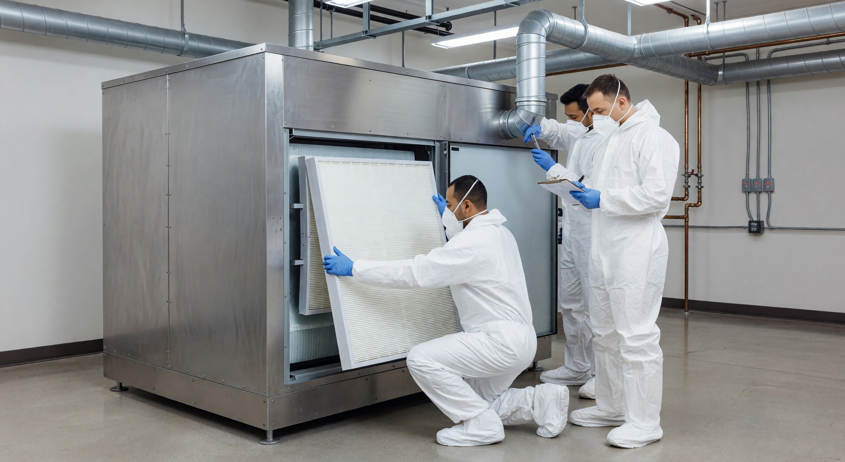 Hospital HVAC air handling unit with HEPA filter installation for patient care area protection