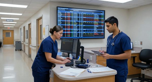 Hospital nursing station with clinical alarm management dashboard display