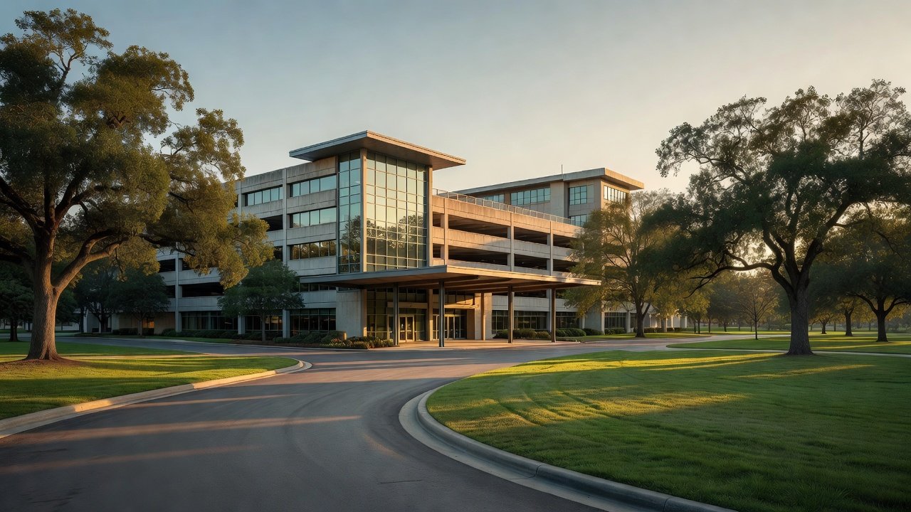 Hospital visitor parking structure and entrance drive seen from across the campus green