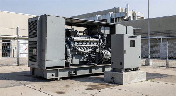 Large diesel generator set in hospital mechanical yard with automatic transfer switch enclosure