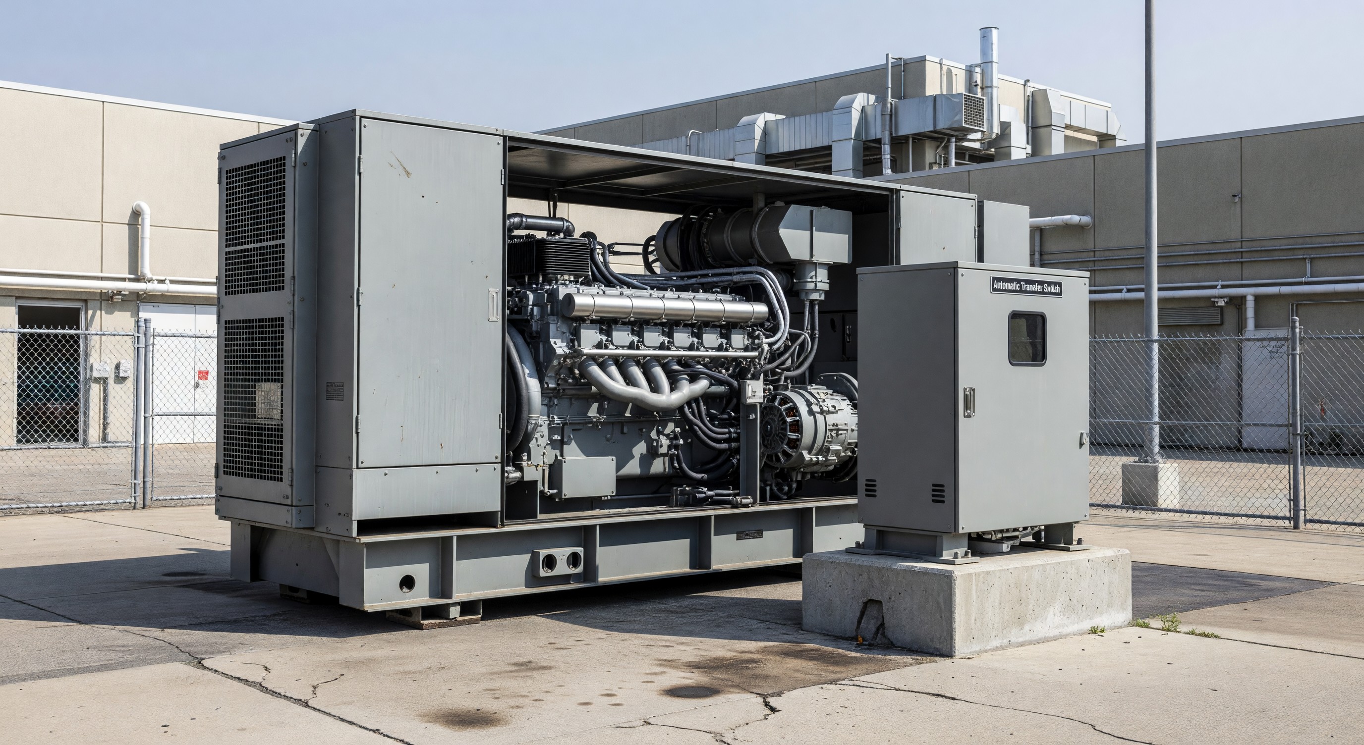 Large diesel generator set in hospital mechanical yard with automatic transfer switch enclosure