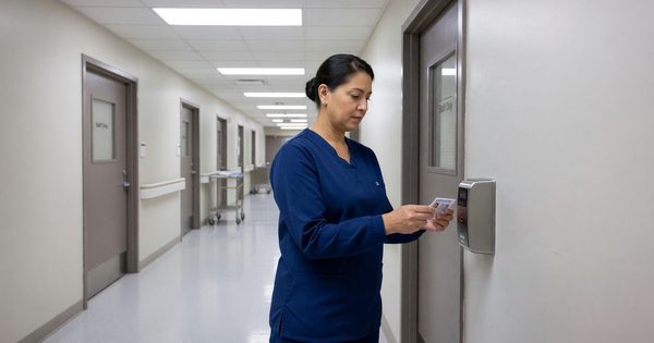 Hospital employee scanning badge at secure door reader in clinical corridor