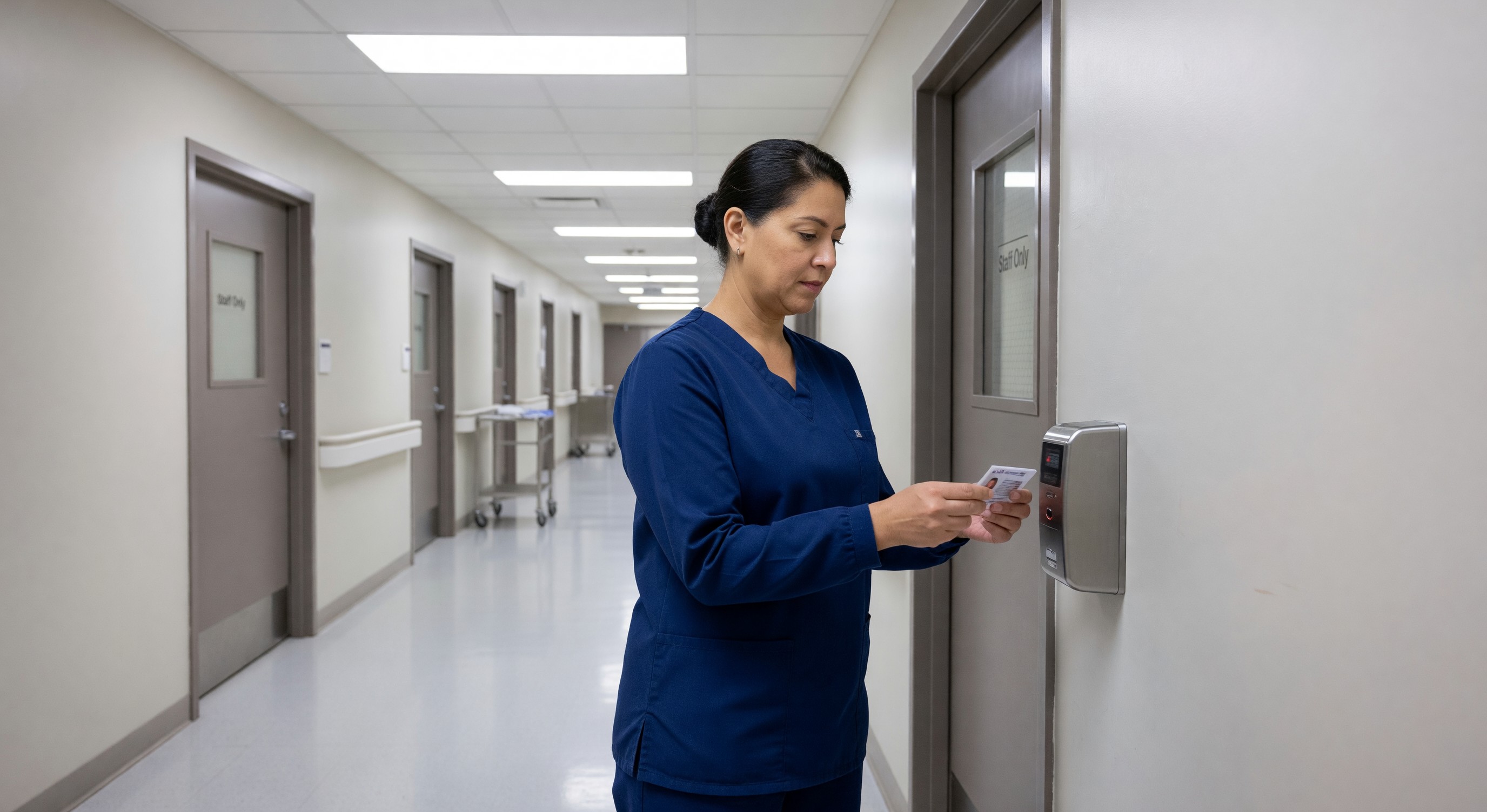 Hospital employee scanning badge at secure door reader in clinical corridor