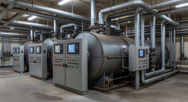 Hospital central utility plant showing high-pressure steam boilers with control panels and distribution headers
