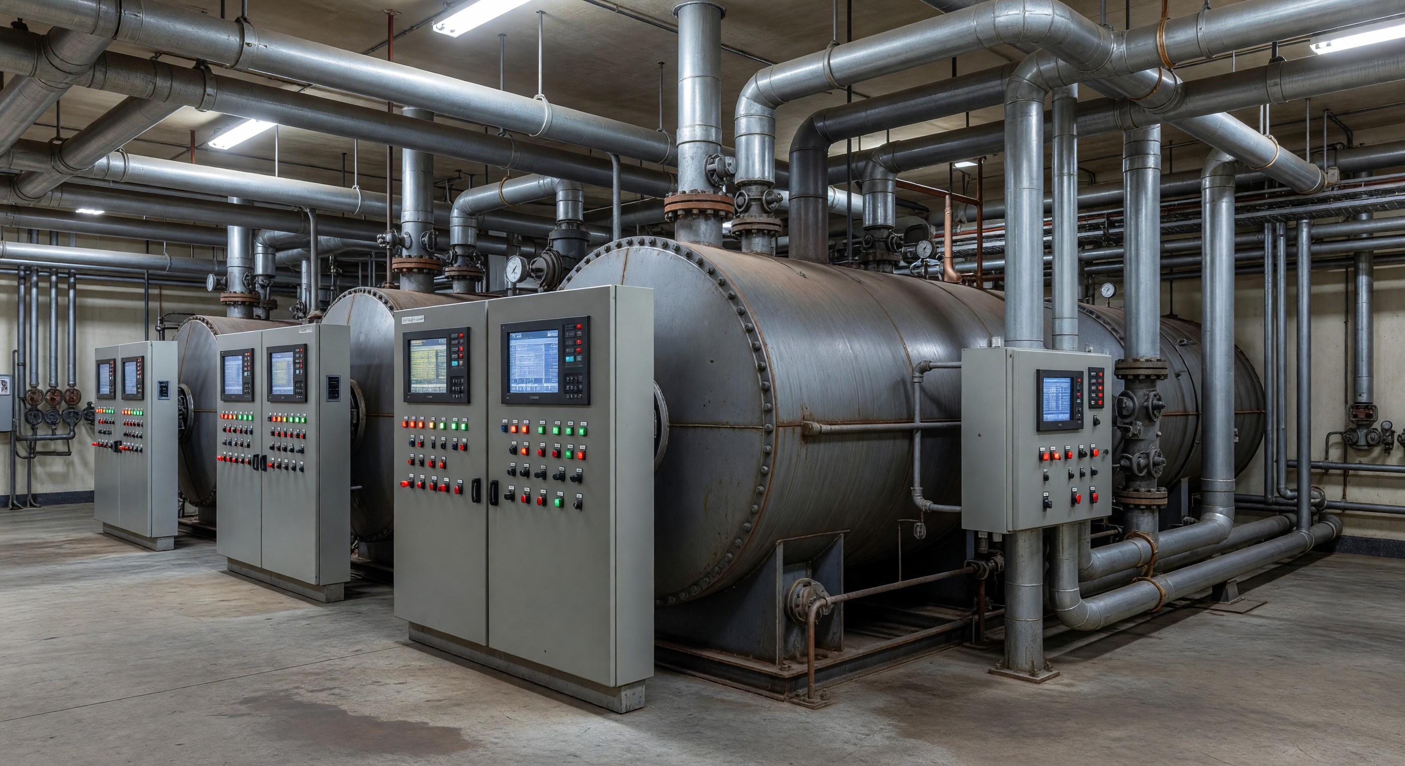 Hospital central utility plant showing high-pressure steam boilers with control panels and distribution headers