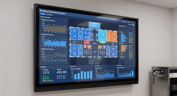 Hospital building automation system control interface showing real-time HVAC and environmental monitoring
