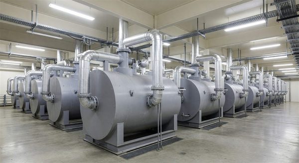 Hospital central chiller plant showing multiple centrifugal chillers with cooling tower connections