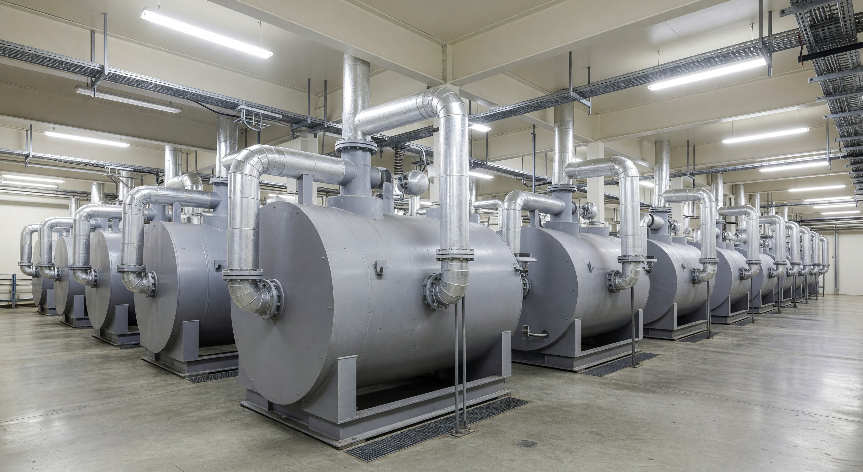 Hospital central chiller plant showing multiple centrifugal chillers with cooling tower connections