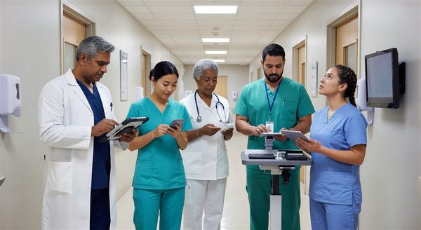 Healthcare team using mobile clinical communication devices in hospital corridor