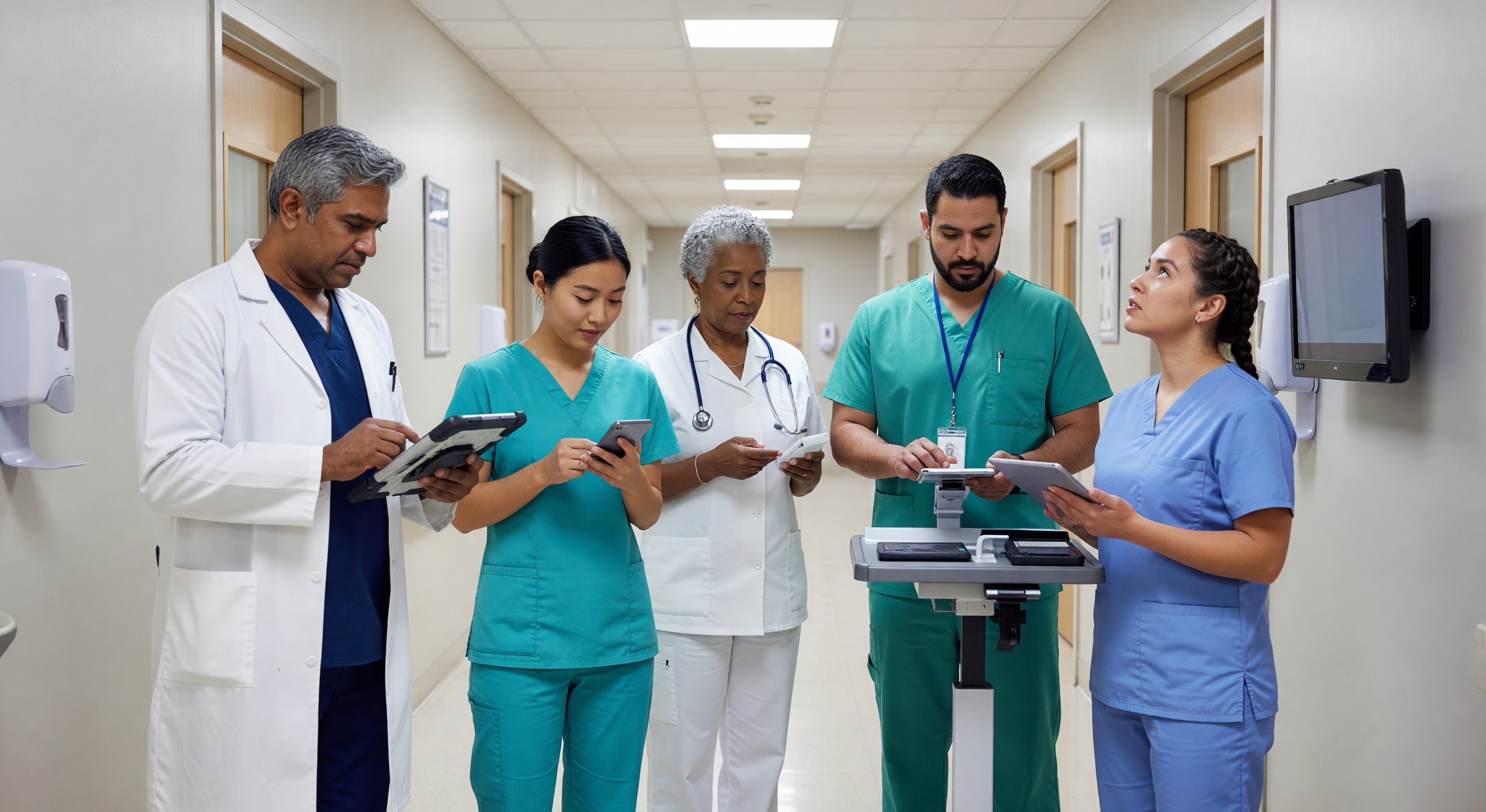 Healthcare team using mobile clinical communication devices in hospital corridor
