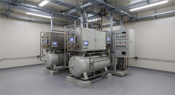Hospital medical compressed air compressor system with monitoring equipment in mechanical room