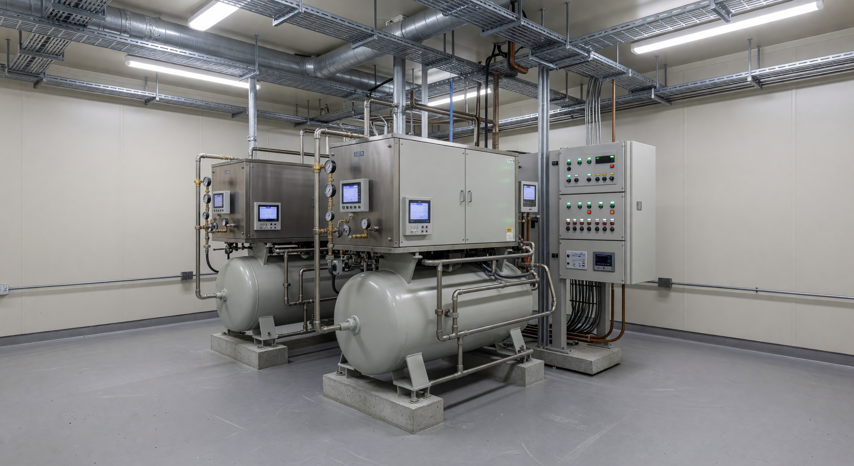 Hospital medical compressed air compressor system with monitoring equipment in mechanical room