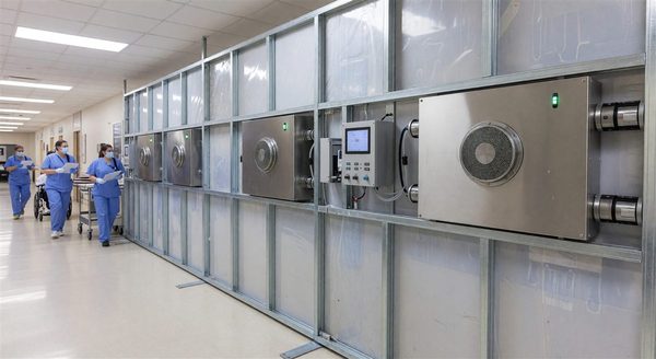 Construction barrier wall with HEPA filtration and negative pressure controls in an occupied hospital