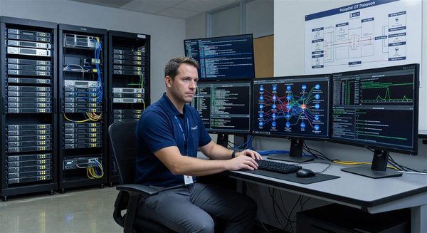 Hospital IT security professional monitoring operational technology network traffic and building system connections