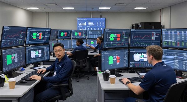 Hospital IT security operations center monitoring building management and clinical systems