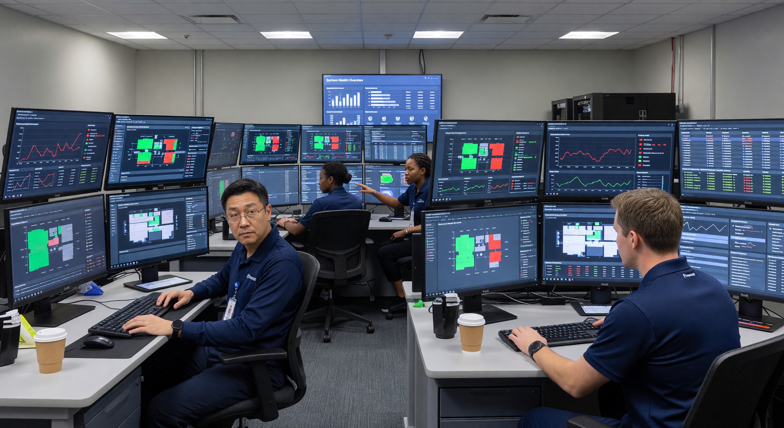 Hospital IT security operations center monitoring building management and clinical systems