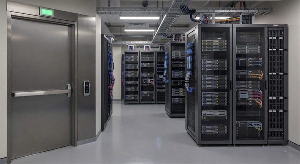 Hospital data center with access-controlled entrance and server racks with cable management