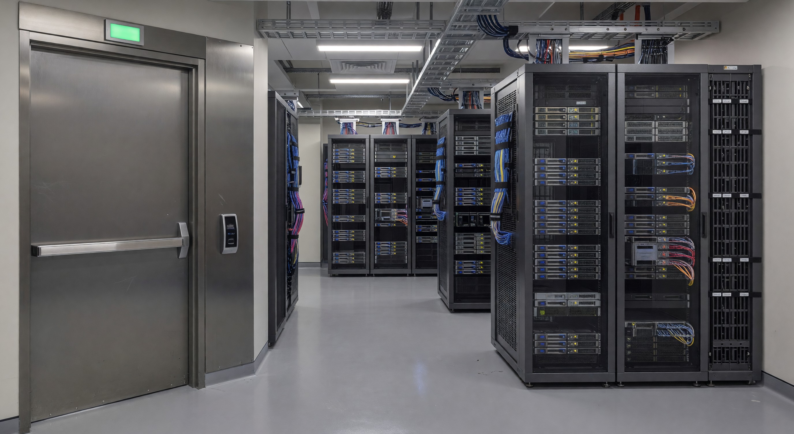 Hospital data center with access-controlled entrance and server racks with cable management