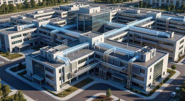 3D digital twin visualization of hospital campus showing HVAC system overlaid on building model