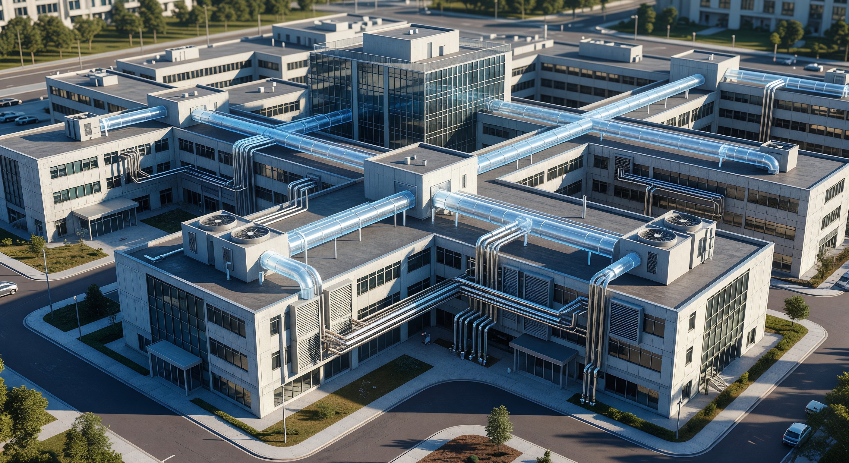3D digital twin visualization of hospital campus showing HVAC system overlaid on building model