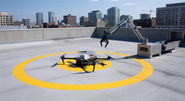 Hospital rooftop drone landing pad with automated delivery system for medication transport