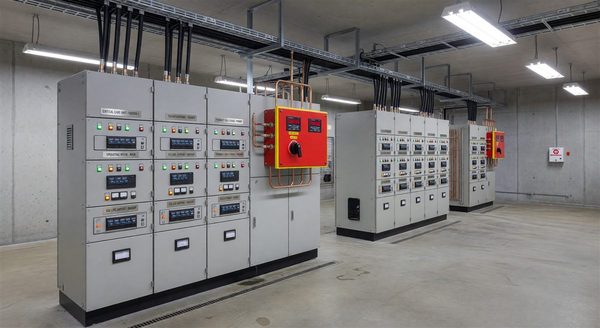 Hospital medium-voltage switchgear room with labeled circuit breakers and emergency system transfer switch