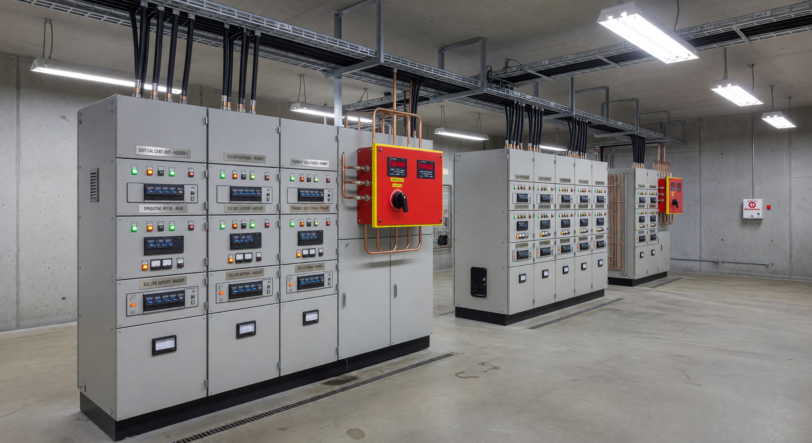 Hospital medium-voltage switchgear room with labeled circuit breakers and emergency system transfer switch