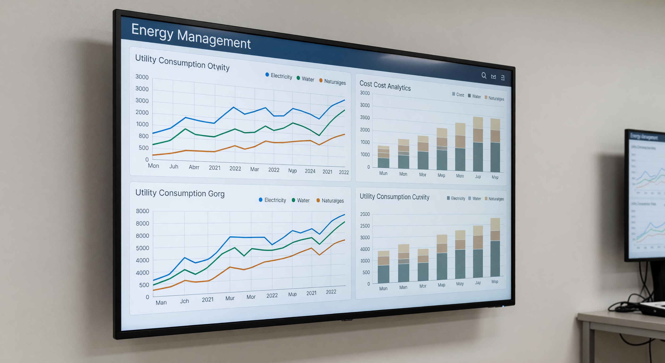 Hospital energy management dashboard showing utility consumption trends and cost analytics