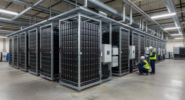 Battery energy storage system installation in hospital central utility plant showing lithium-ion battery racks