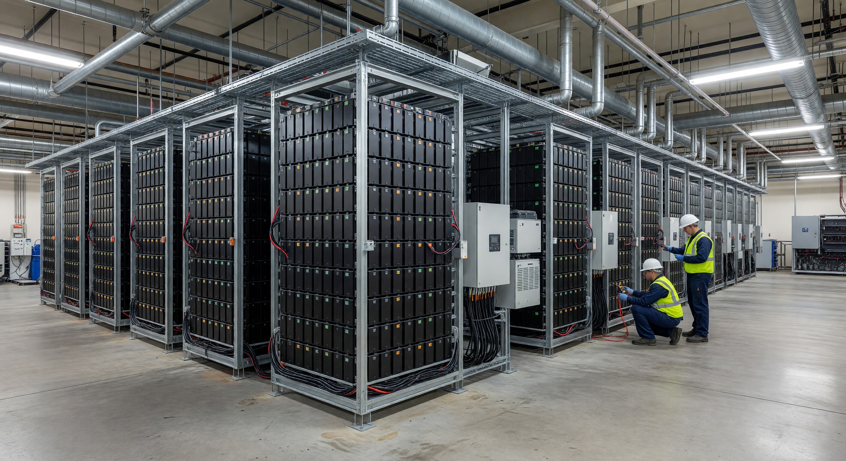 Battery energy storage system installation in hospital central utility plant showing lithium-ion battery racks