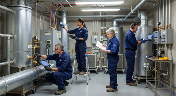 Hospital facilities management team conducting building systems inspection
