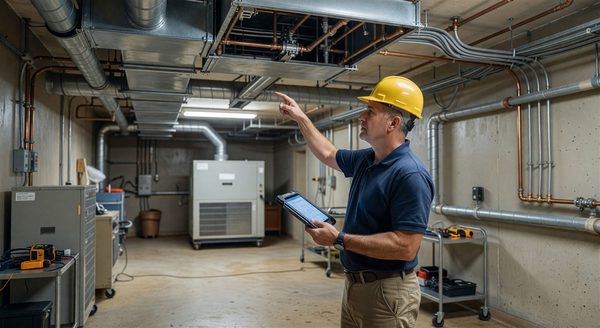 Facility engineer conducting structural and mechanical system assessment in a hospital building