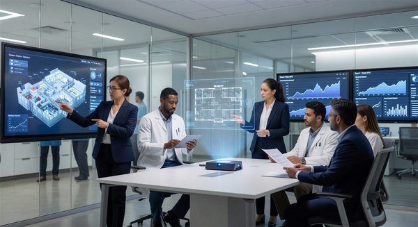 Healthcare facility management team using next-generation building management technology in modern hospital