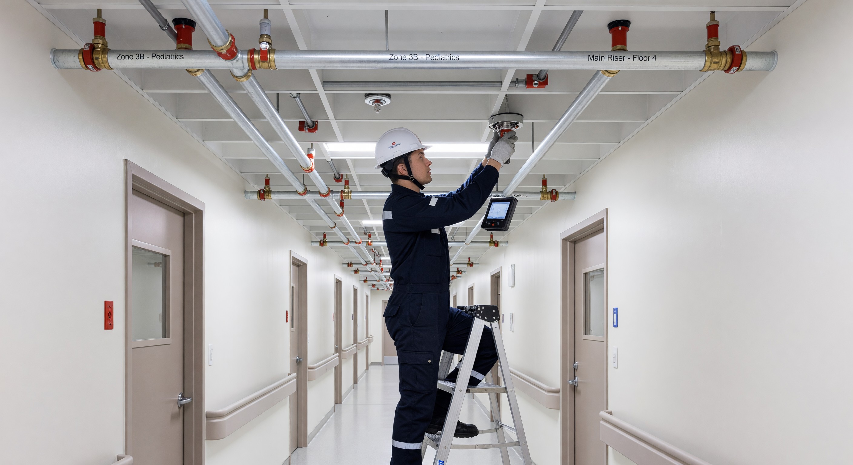 Hospital fire suppression sprinkler system inspection in a clinical corridor