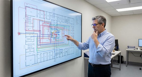 Hospital facility manager reviewing indoor GIS infrastructure map on large display