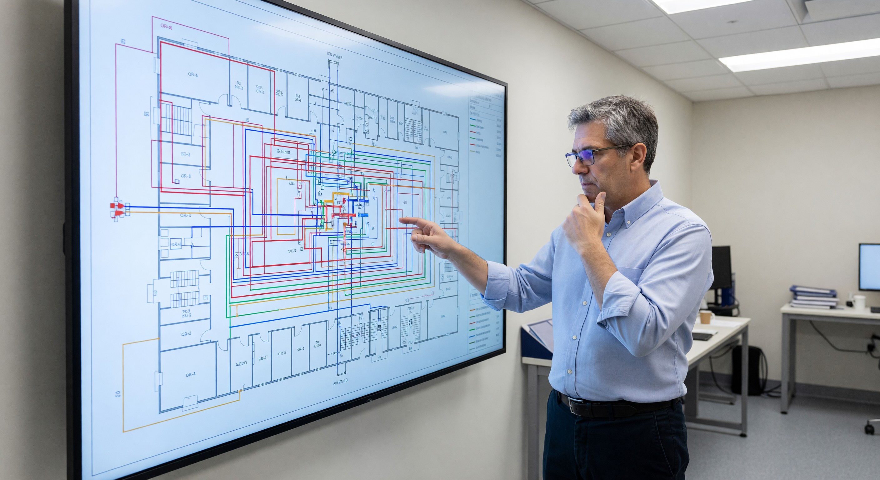Hospital facility manager reviewing indoor GIS infrastructure map on large display