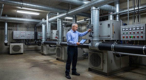 Commissioning agent testing HVAC system performance in hospital mechanical room