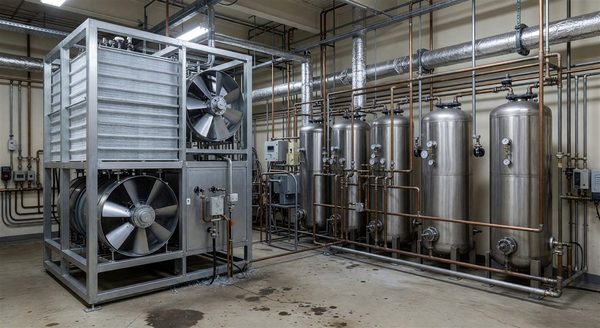 Hospital mechanical room with cooling tower and domestic hot water system requiring Legionella management