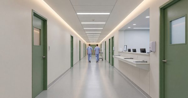Well-lit hospital corridor with appropriate illumination levels for clinical safety and patient comfort