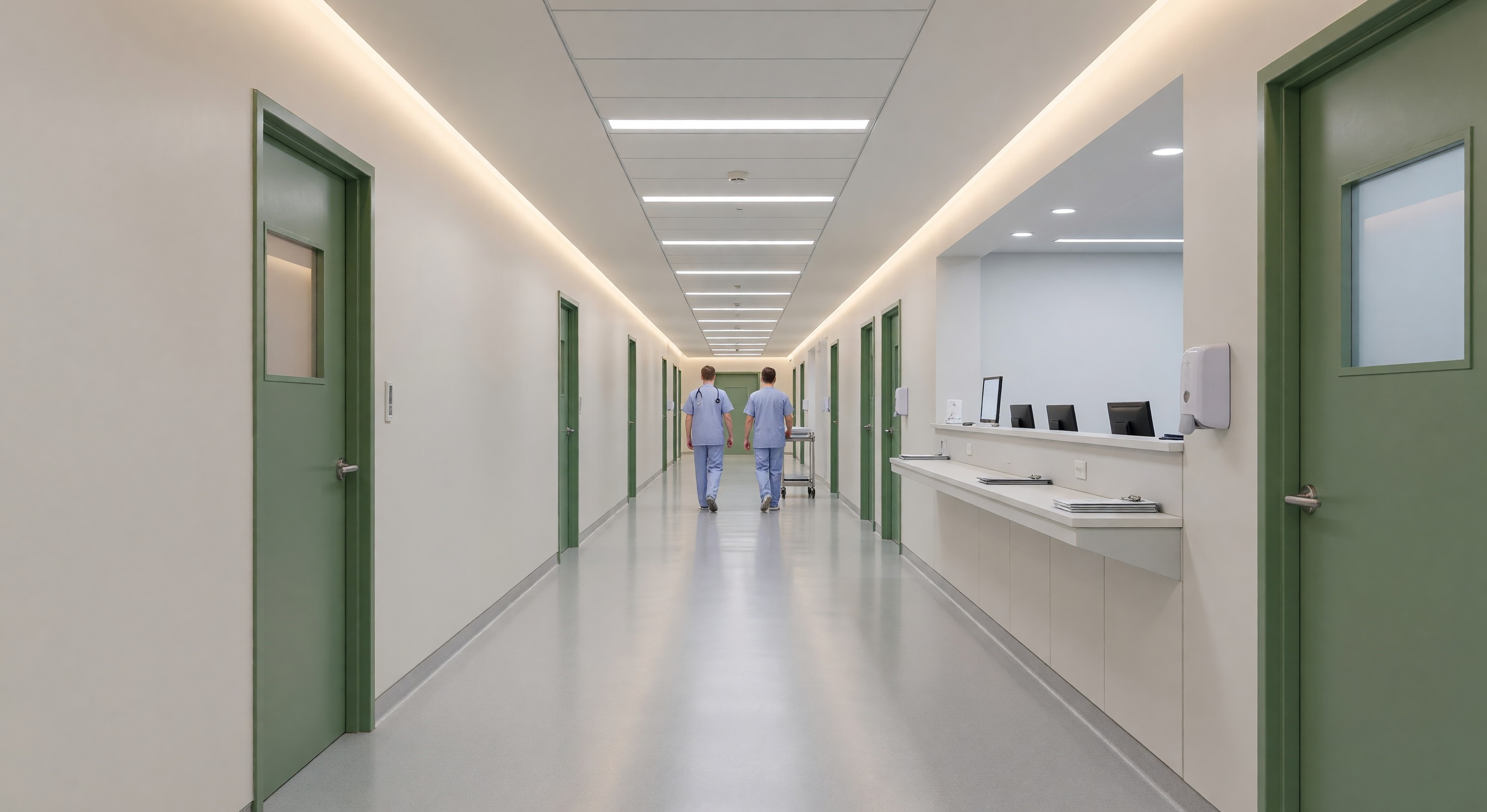 Well-lit hospital corridor with appropriate illumination levels for clinical safety and patient comfort