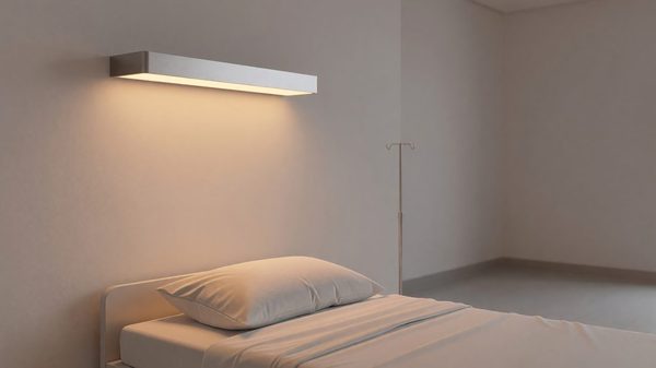 Modern LED patient room lighting fixture with warm circadian-tuned color temperature visible above a hospital bed