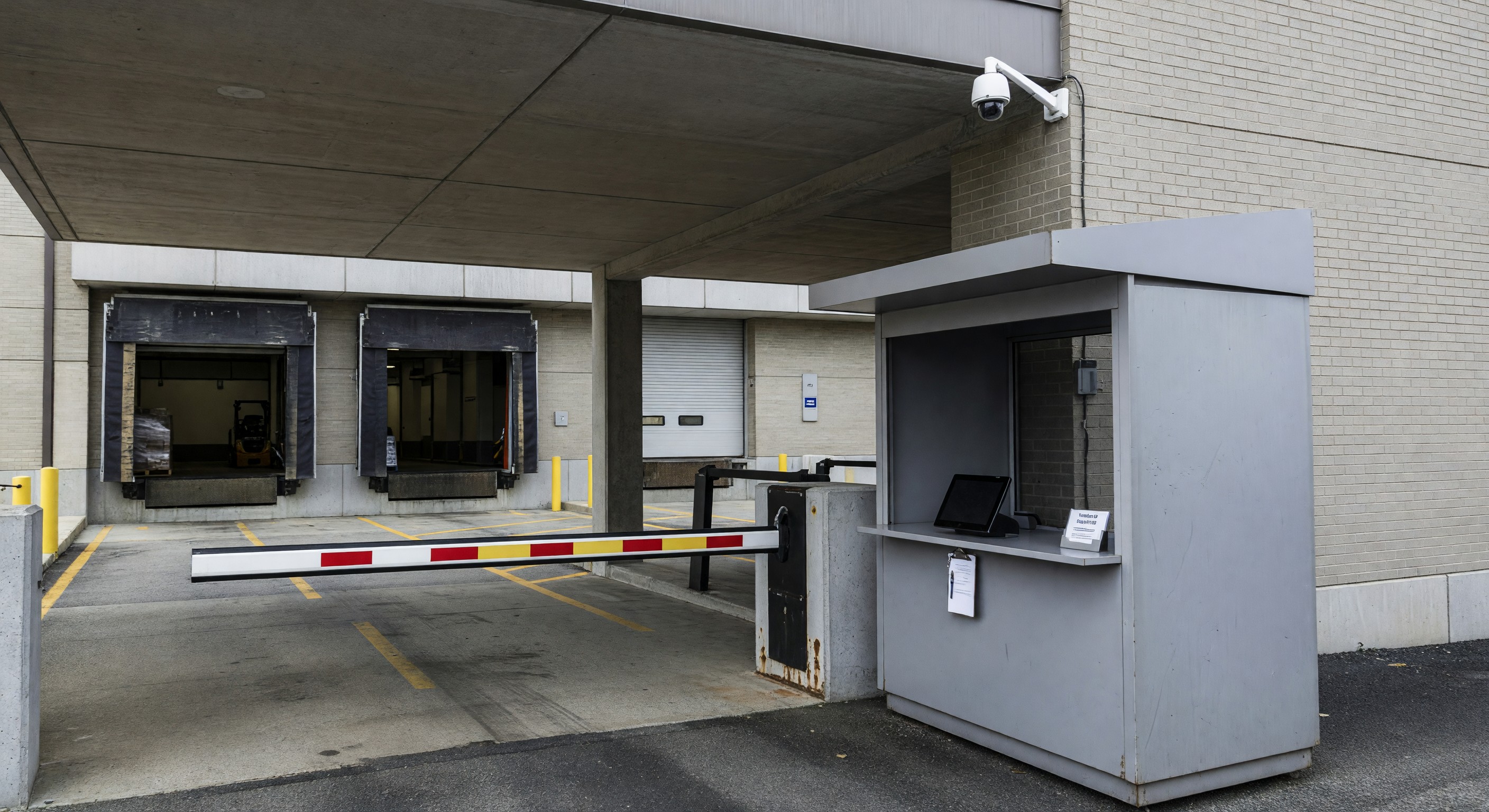 Hospital loading dock with controlled access gate, security camera, and vendor check-in station