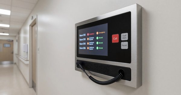 Modern hospital nurse call panel with integrated patient communication and staff alert system