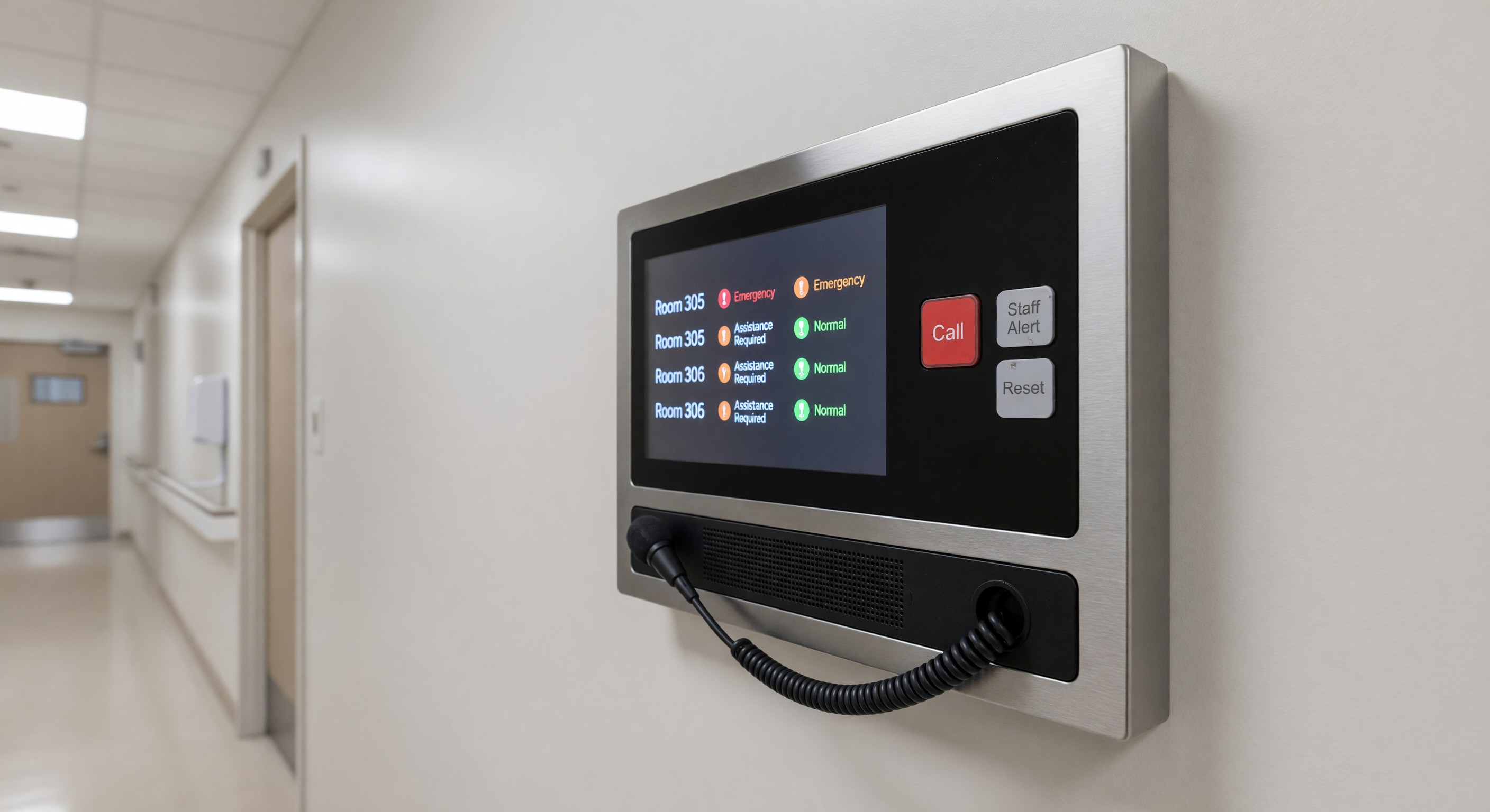 Modern hospital nurse call panel with integrated patient communication and staff alert system