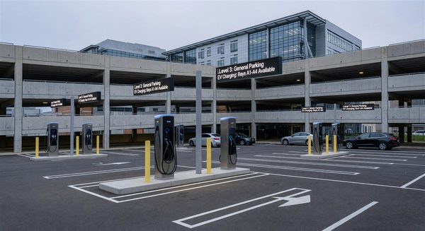 Modern hospital parking structure with EV charging stations and digital guidance signage