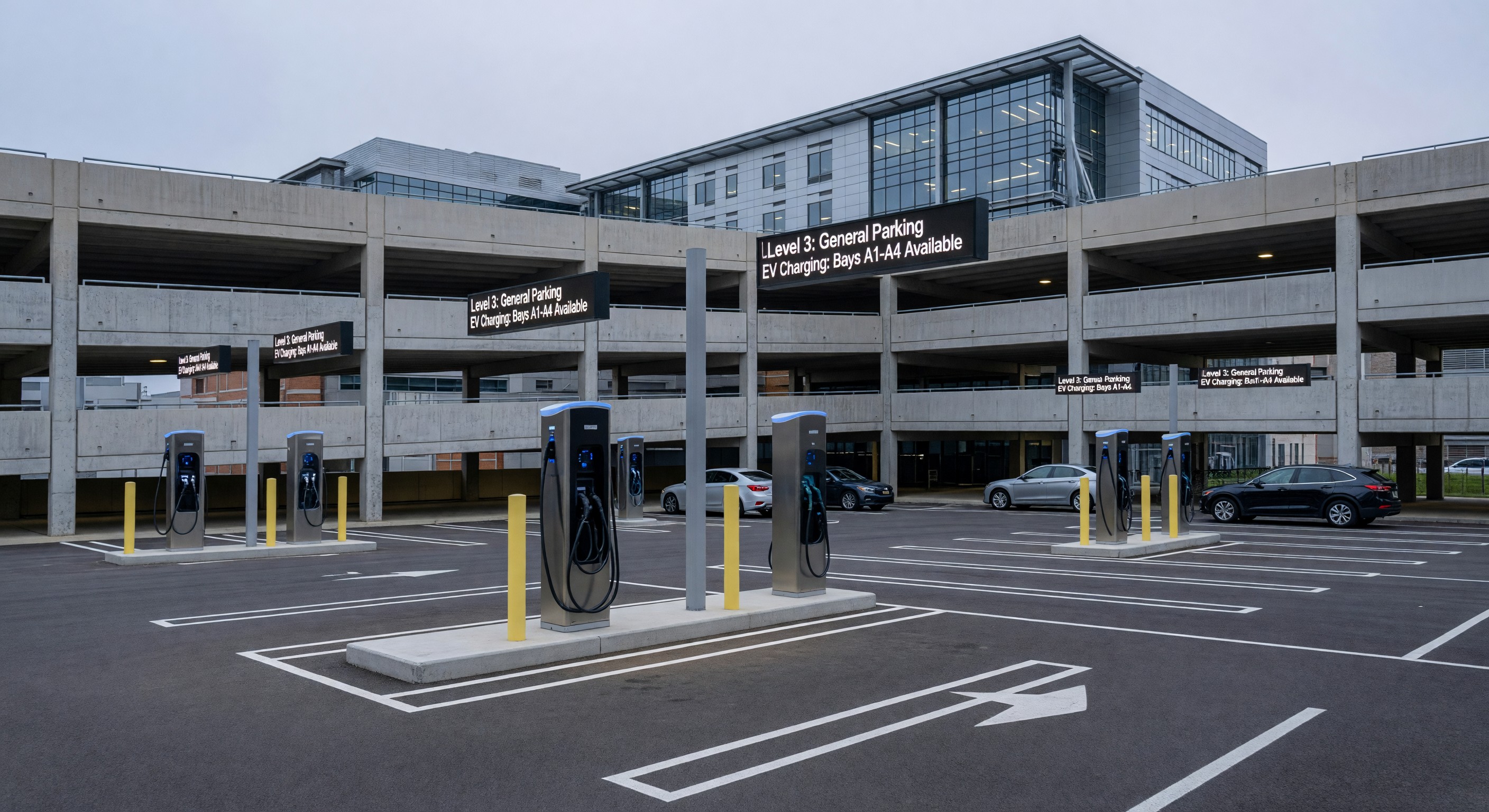 Modern hospital parking structure with EV charging stations and digital guidance signage