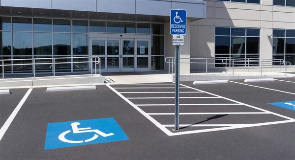 ADA accessible parking spaces with proper signage and access aisle at hospital entrance
