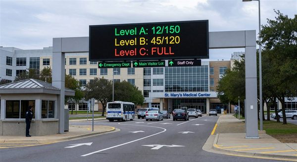 Smart parking guidance system display at hospital campus entrance showing real-time space availability