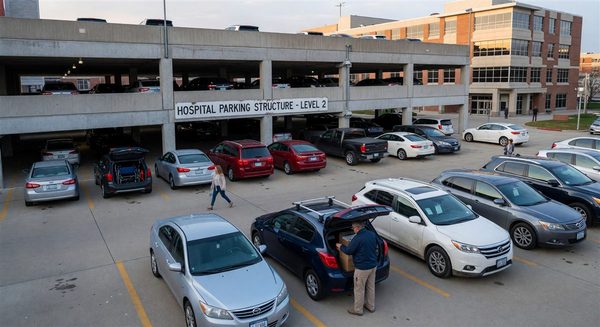 Hospital parking structure with returning visitor vehicles as patient volumes recover