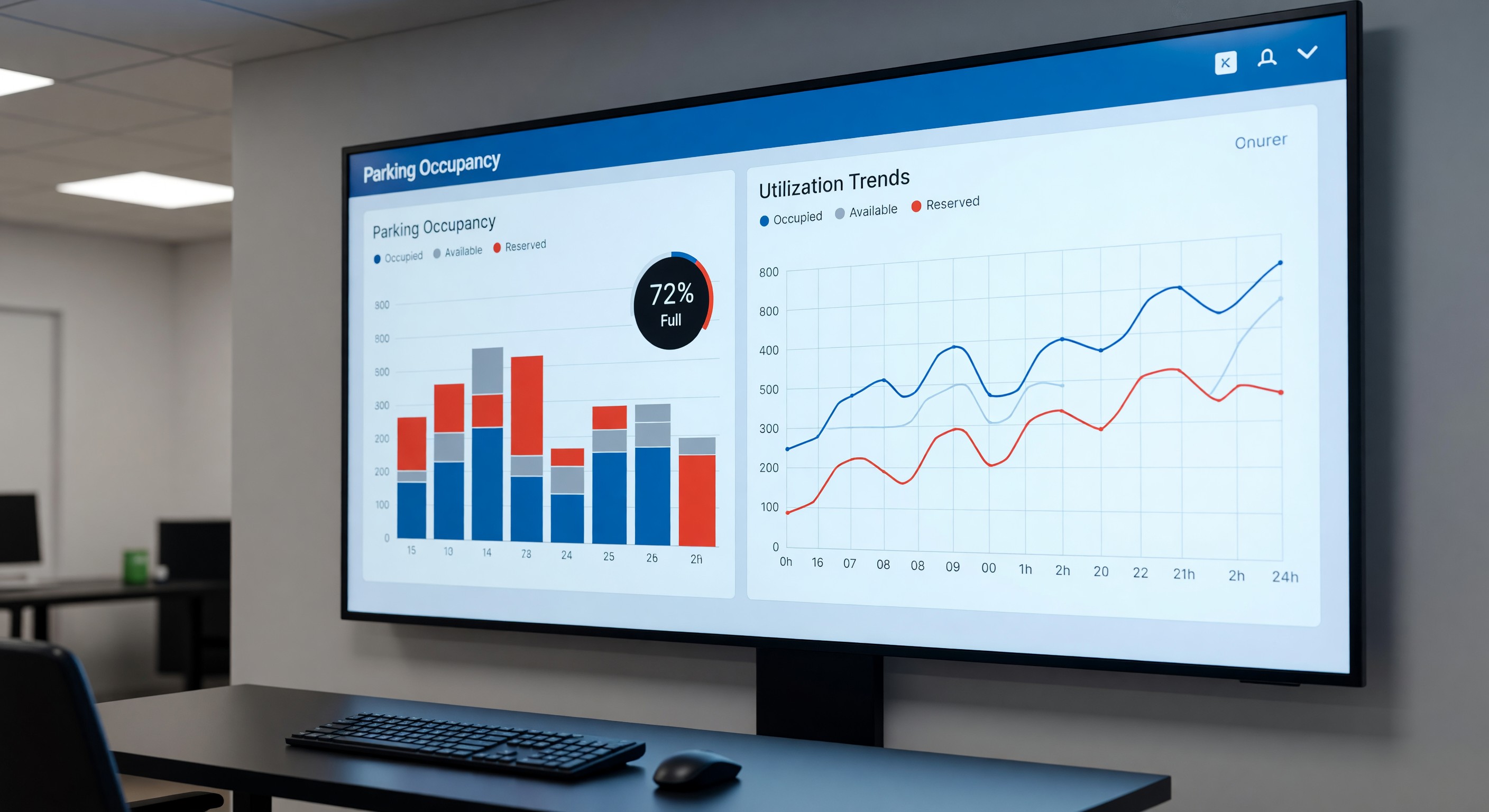 Dashboard screen showing hospital parking occupancy analytics and utilization trends